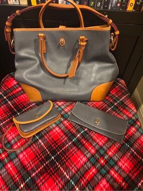 Dooney & Bourke Gray Tote with Tan Leather Trim and Matching Wallets